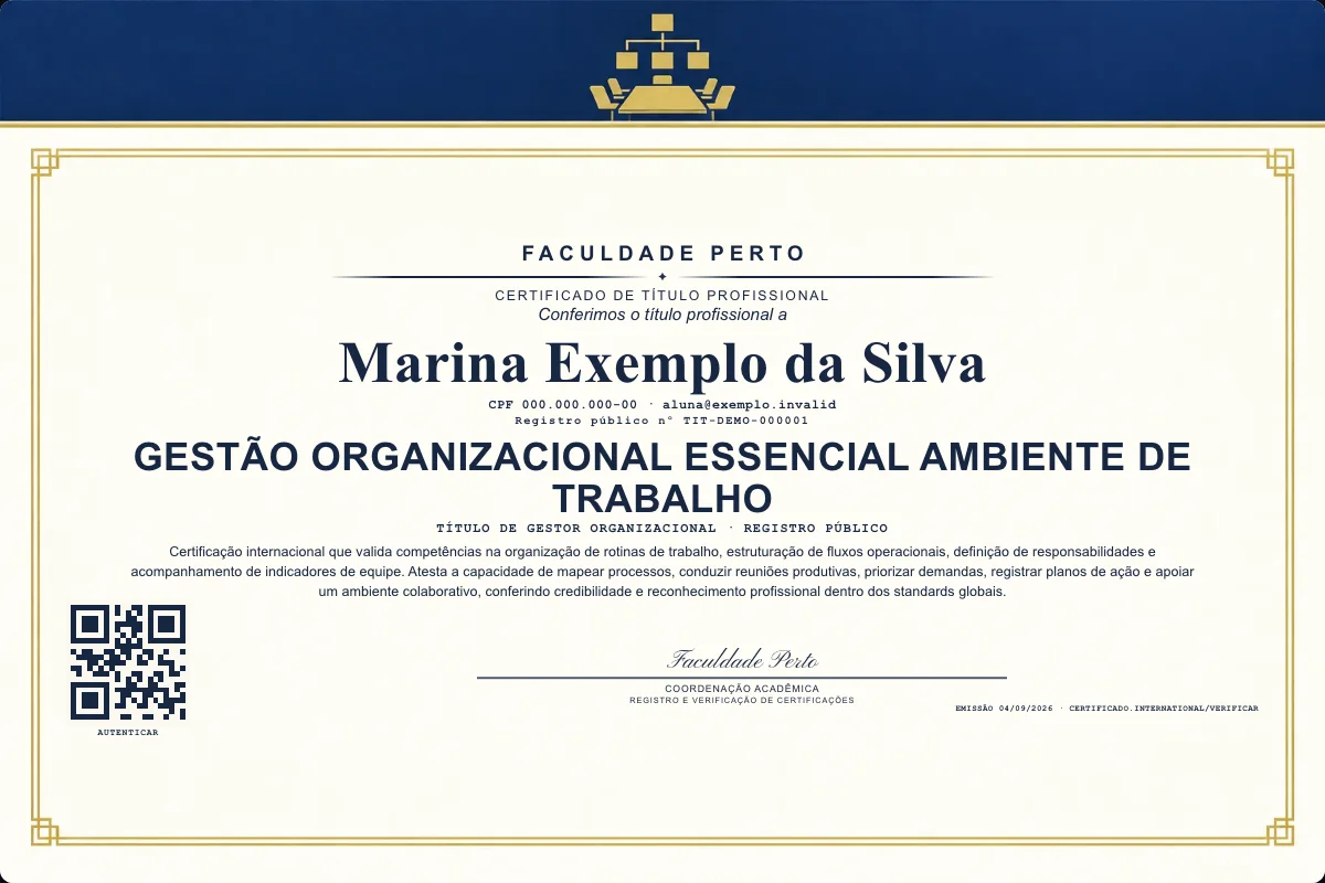 Certificado de Título profissional de Gestão Organizacional Essencial Ambiente de Trabalho — modelo real com registro público. Documento de exemplo.