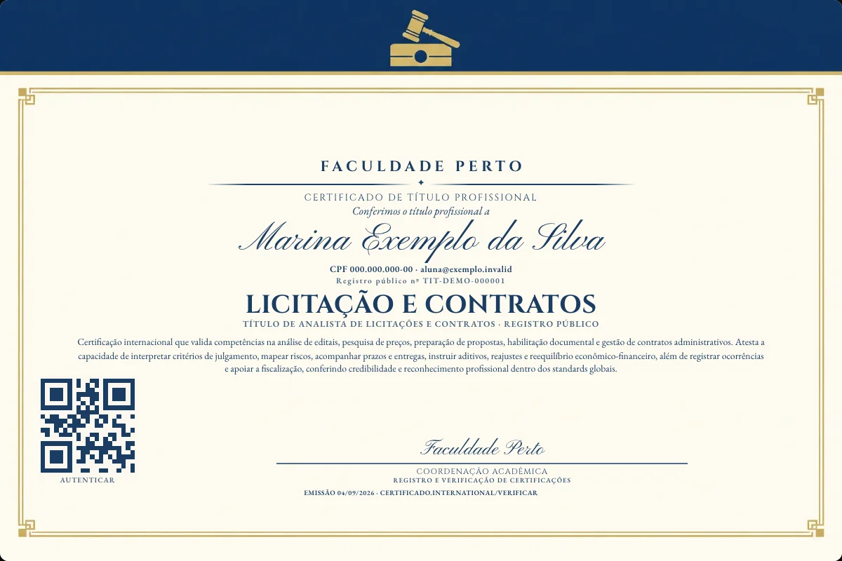 Certificado de Título profissional de Licitação e Contratos — modelo real com registro público. Documento de exemplo.