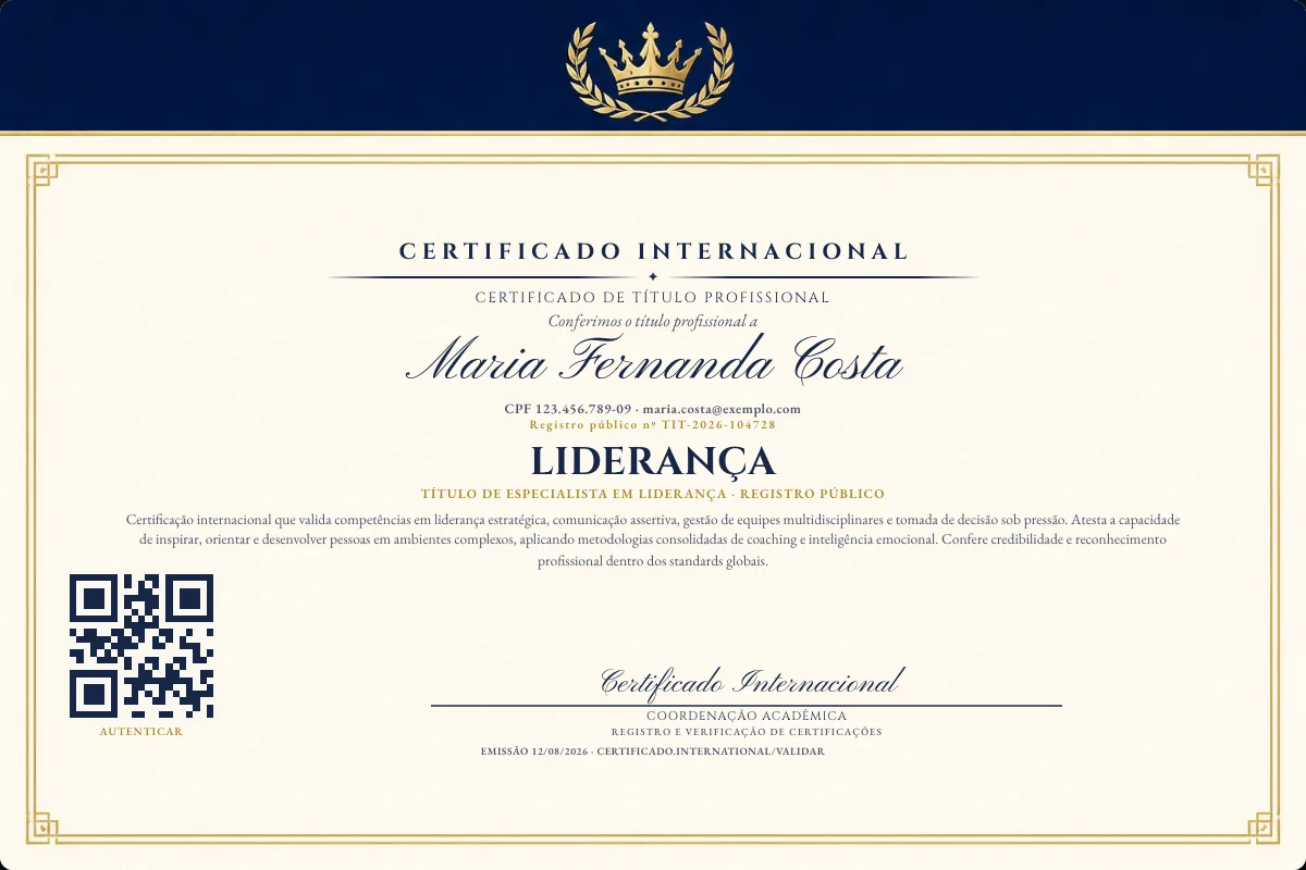 Certificado de Título profissional de Liderança — modelo real com registro público. Documento de exemplo.