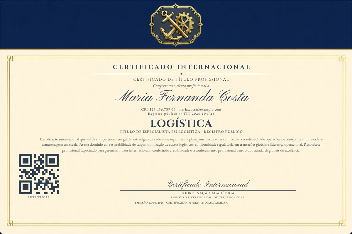 Certificado de Título profissional de Logística — modelo real com registro público. Documento de exemplo.