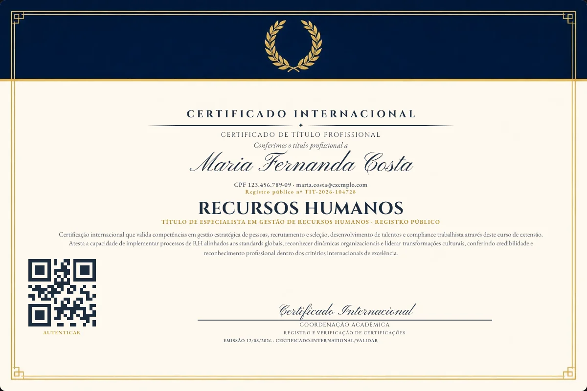 Certificado de Título profissional de Recursos Humanos — modelo real com registro público. Documento de exemplo.