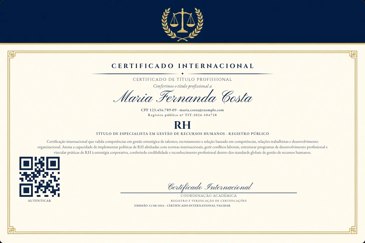 Certificado de Título profissional de RH — modelo real com registro público. Documento de exemplo.