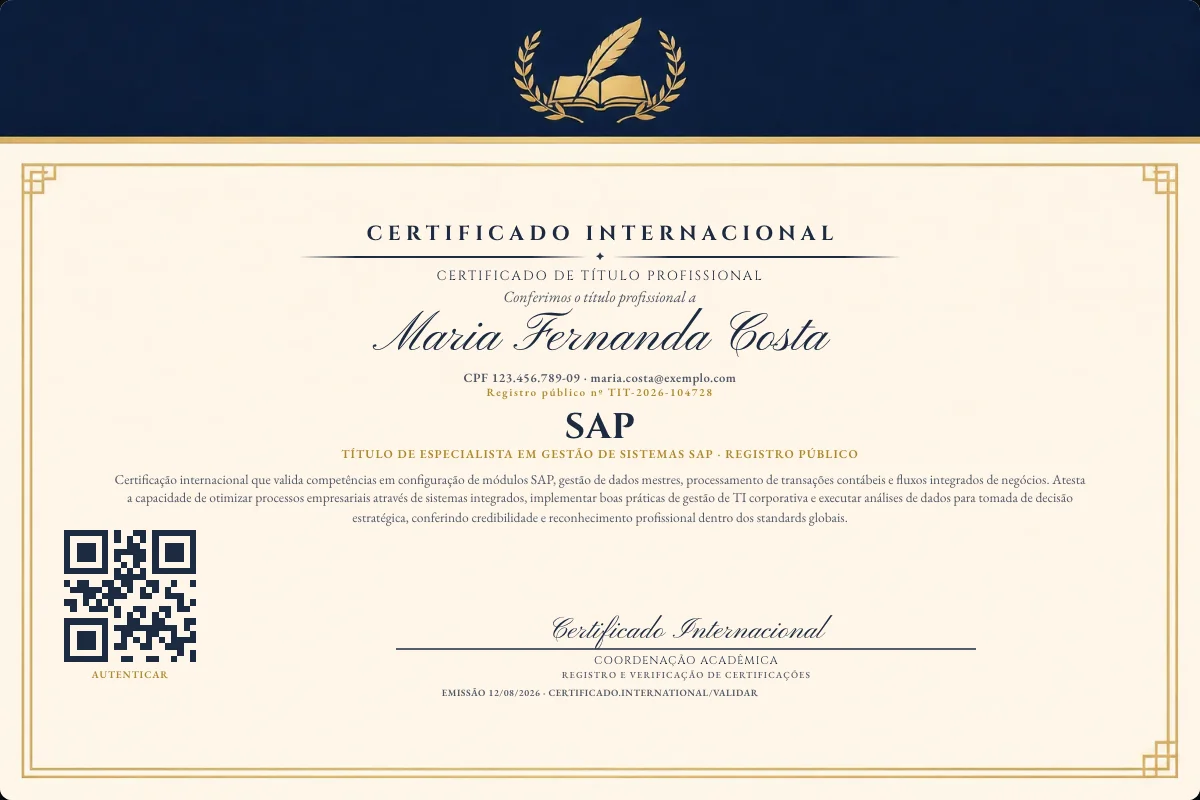 Certificado de Título profissional de SAP — modelo real com registro público. Documento de exemplo.