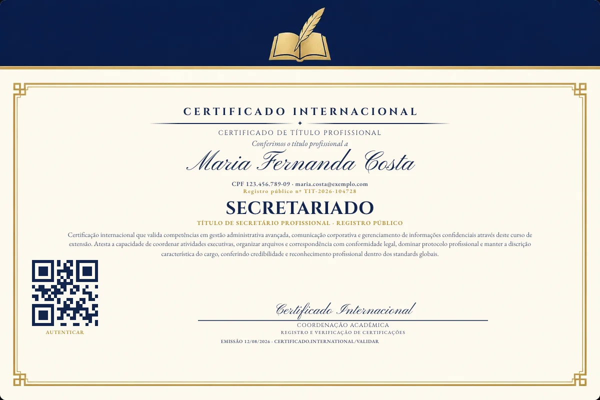 Certificado de Título profissional de Secretariado — modelo real com registro público. Documento de exemplo.
