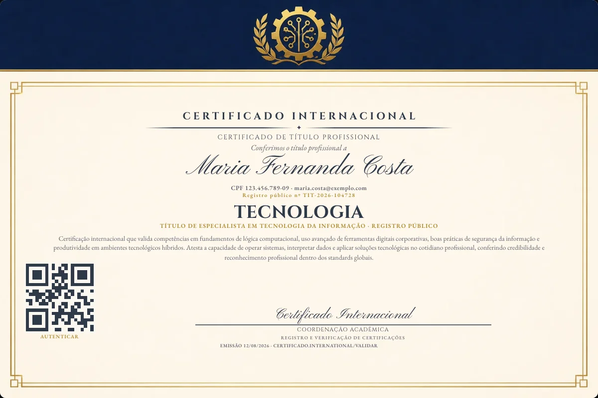 Certificado de Título profissional de Tecnologia — modelo real com registro público. Documento de exemplo.