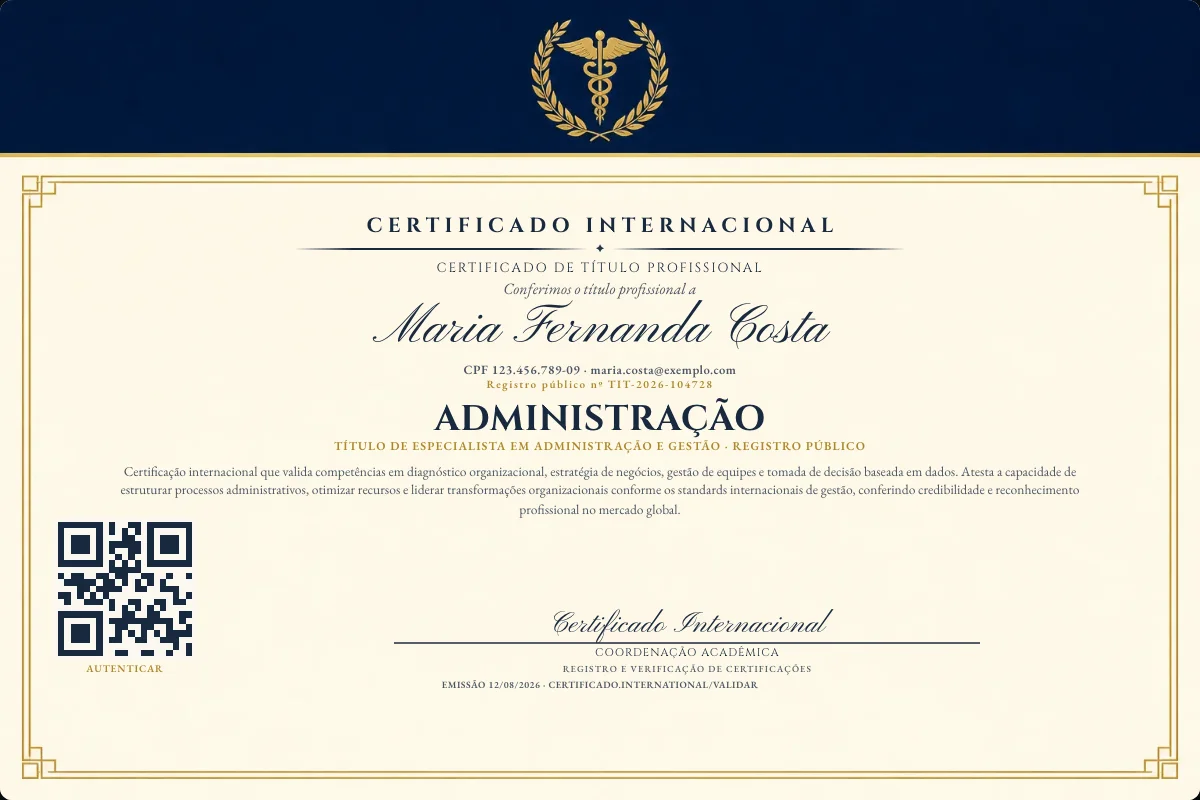 Certificado de Título profissional de Administração — modelo real com registro público. Documento de exemplo.