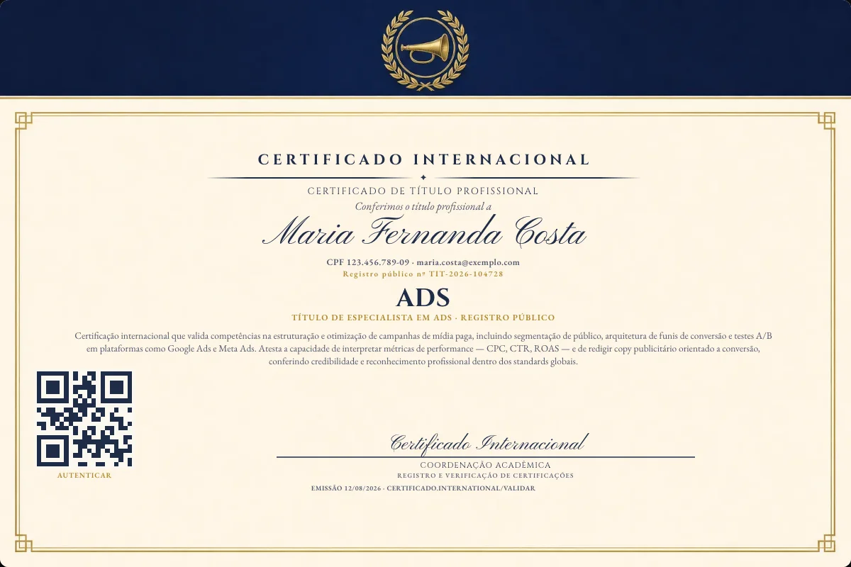 Certificado de Título profissional de Ads — modelo real com registro público. Documento de exemplo.