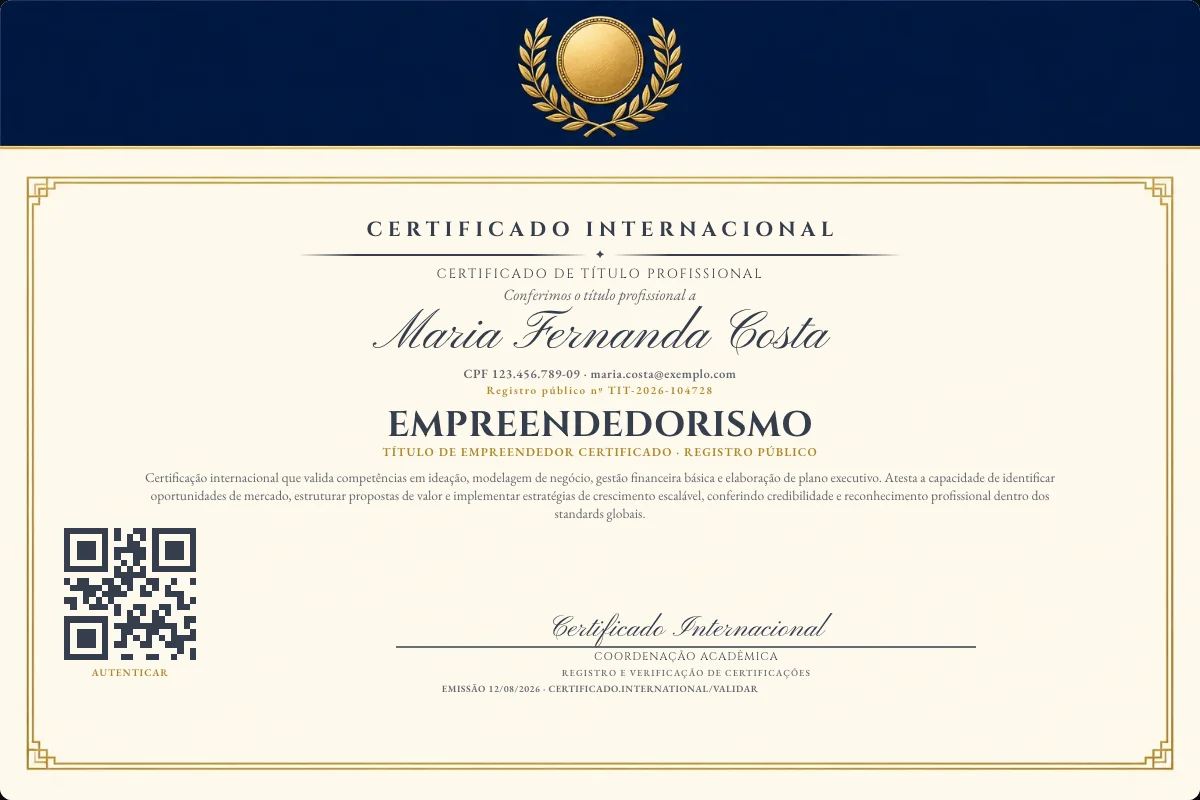 Certificado de Título profissional de Empreendedorismo — modelo real com registro público. Documento de exemplo.