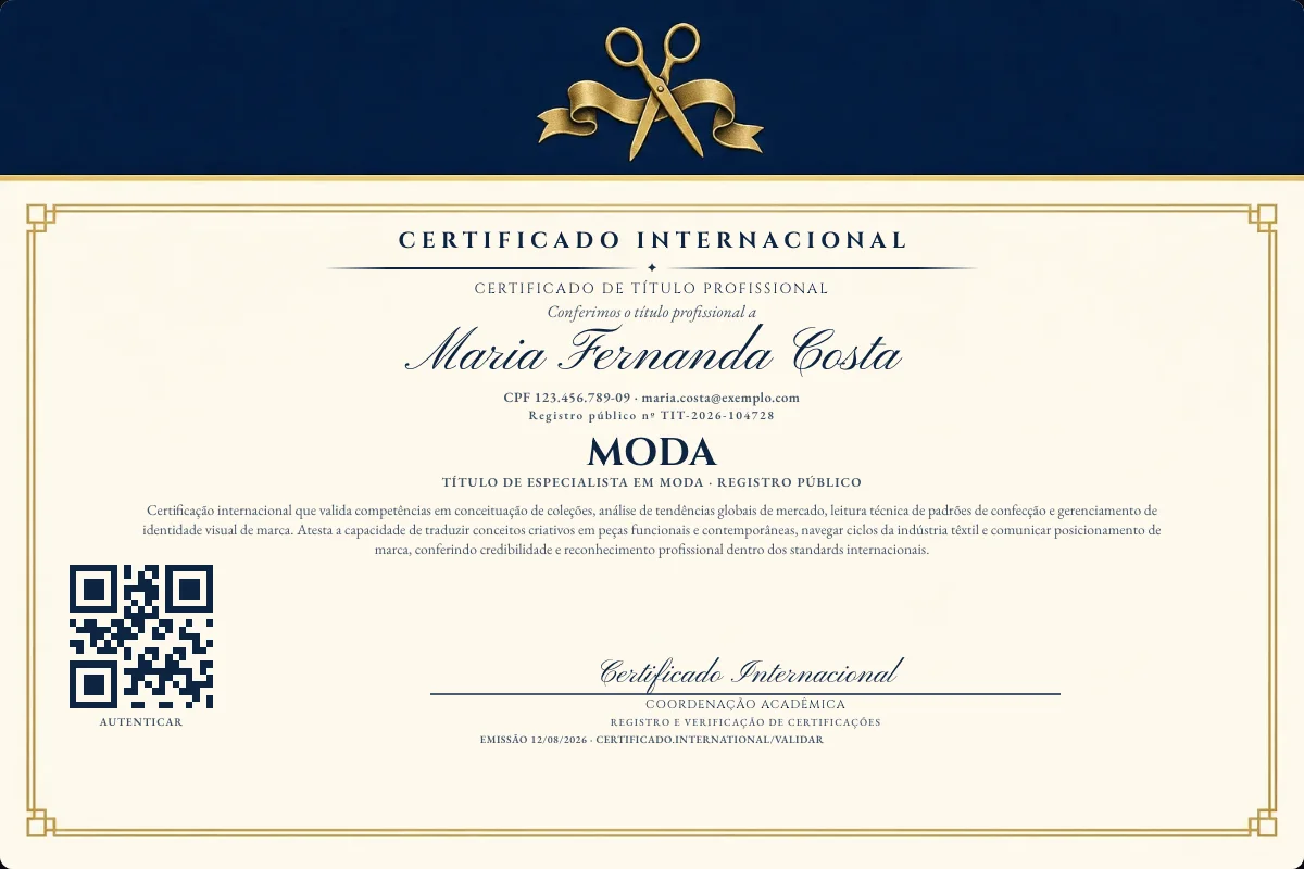 Certificado de Título profissional de Moda — modelo real com registro público. Documento de exemplo.