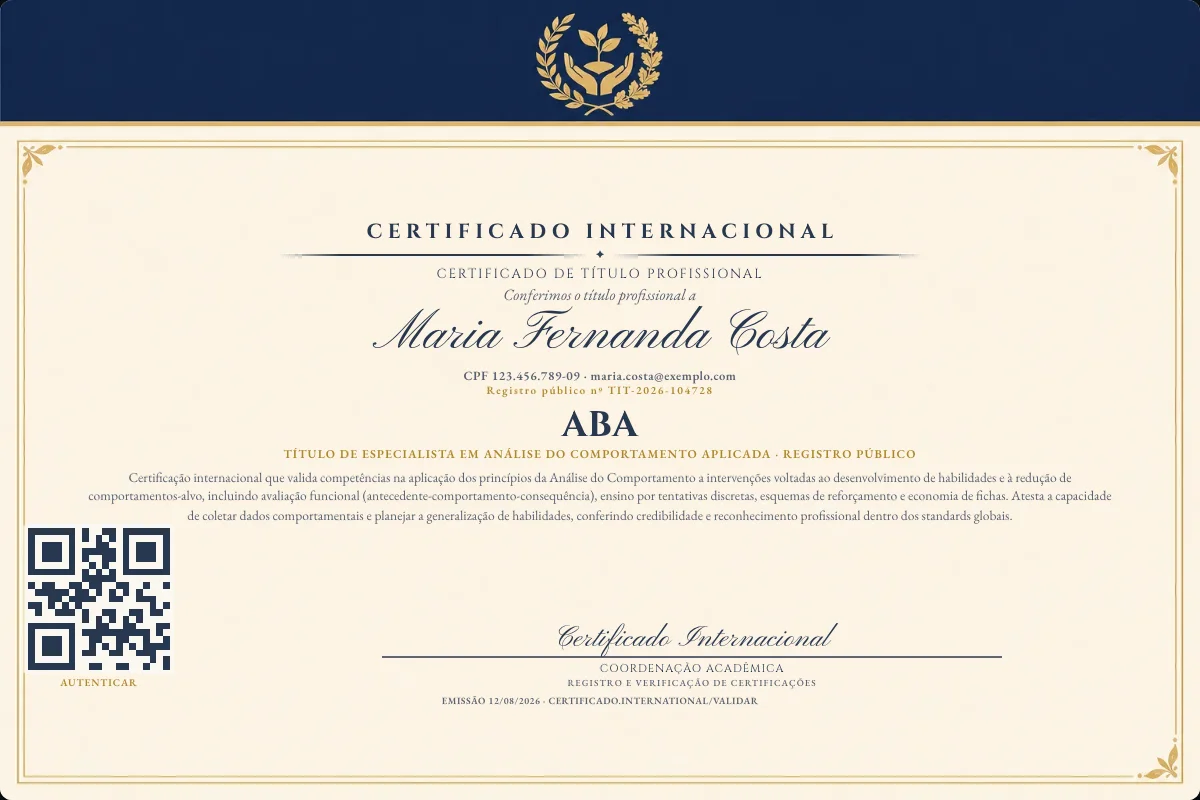 Certificado de Título profissional de ABA — modelo real com registro público. Documento de exemplo.