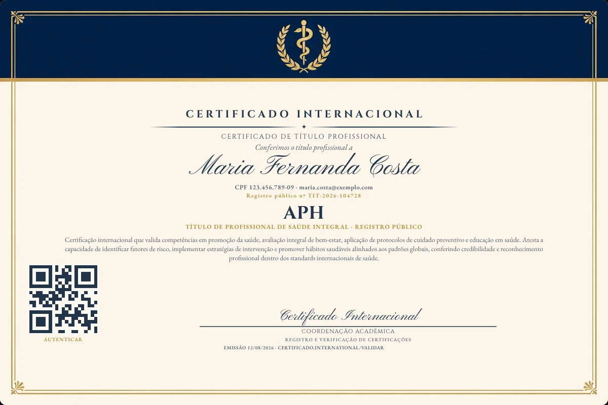 Certificado de Título profissional de Aph — modelo real com registro público. Documento de exemplo.