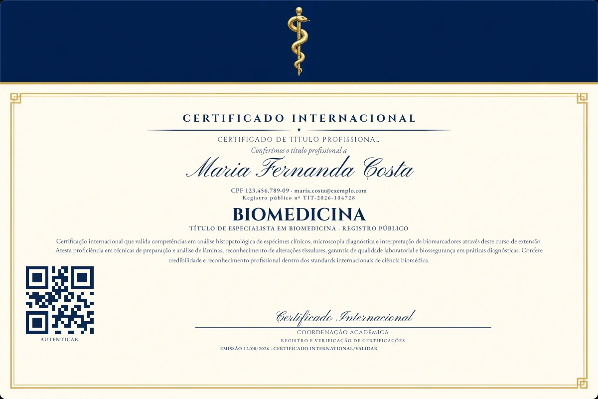 Certificado de Título profissional de Biomedicina — modelo real com registro público. Documento de exemplo.