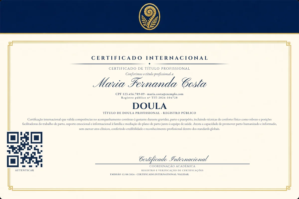 Certificado de Título profissional de Doula — modelo real com registro público. Documento de exemplo.