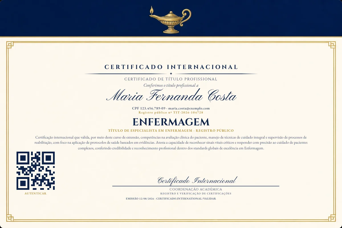 Certificado de Título profissional de Enfermagem — modelo real com registro público. Documento de exemplo.