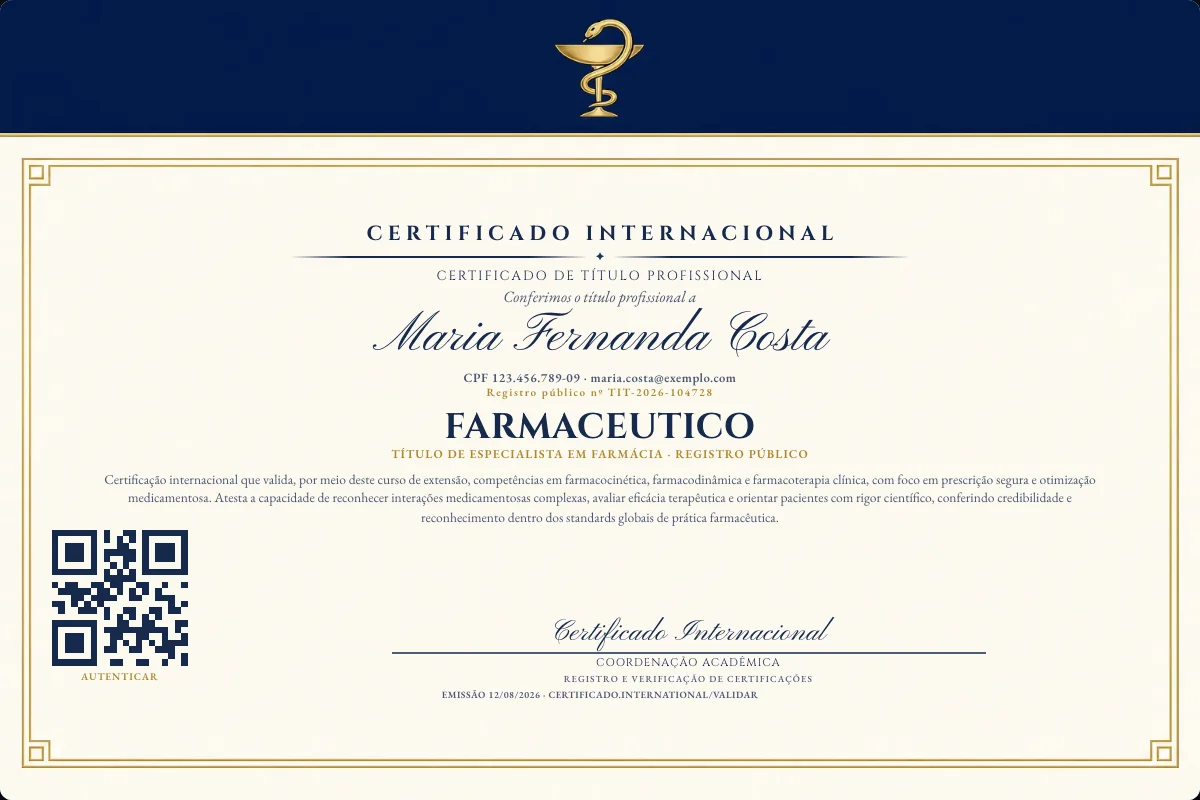 Certificado de Título profissional de Farmaceutico — modelo real com registro público. Documento de exemplo.