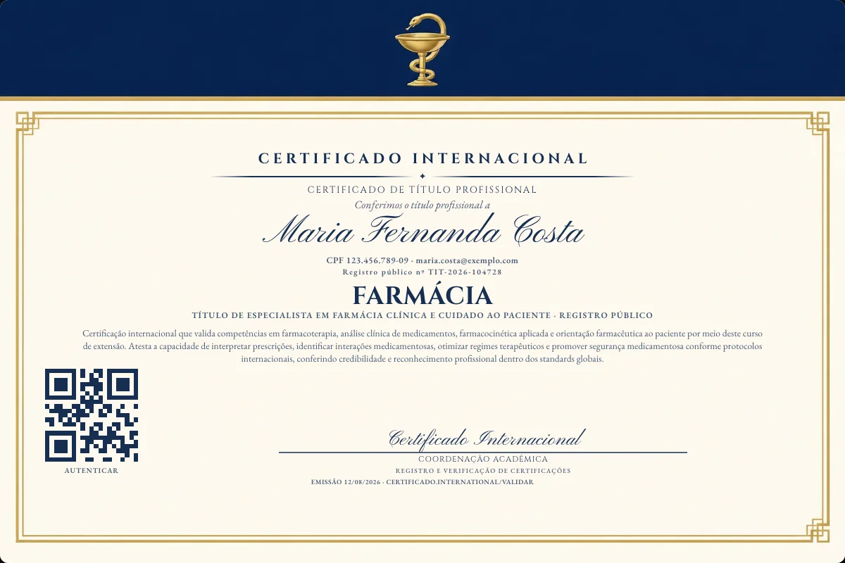 Certificado de Título profissional de Farmácia — modelo real com registro público. Documento de exemplo.