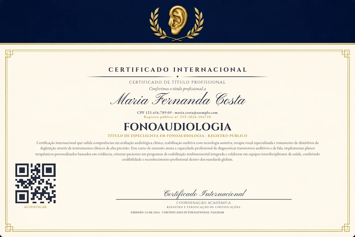 Certificado de Título profissional de Fonoaudiologia — modelo real com registro público. Documento de exemplo.