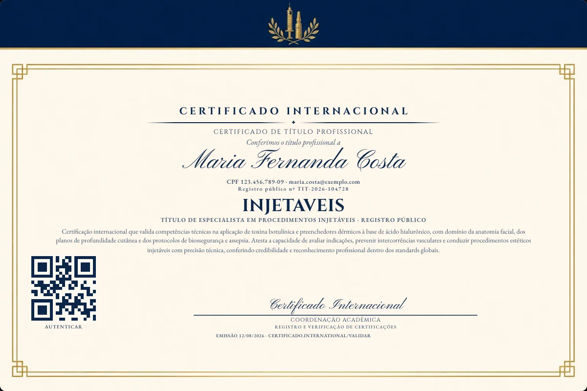 Certificado de Título profissional de Injetaveis — modelo real com registro público. Documento de exemplo.