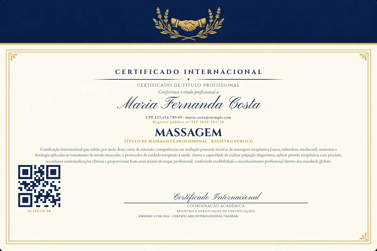 Certificado de Título profissional de Massagem — modelo real com registro público. Documento de exemplo.