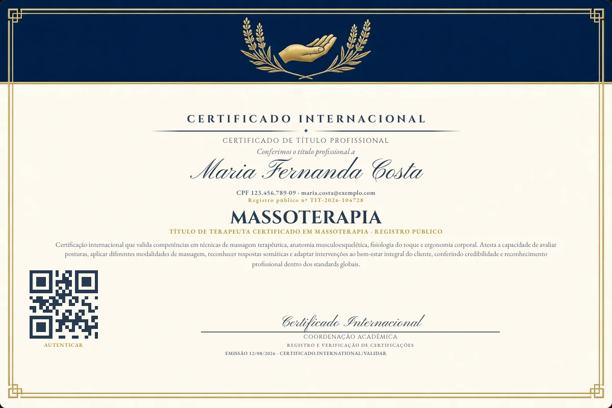 Certificado de Título profissional de Massoterapia — modelo real com registro público. Documento de exemplo.