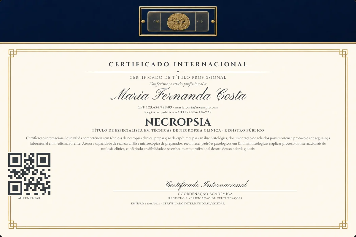 Certificado de Título profissional de Necropsia — modelo real com registro público. Documento de exemplo.