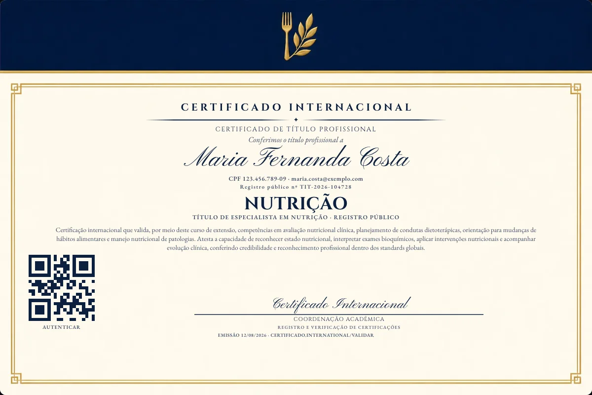 Certificado de Título profissional de Nutrição — modelo real com registro público. Documento de exemplo.
