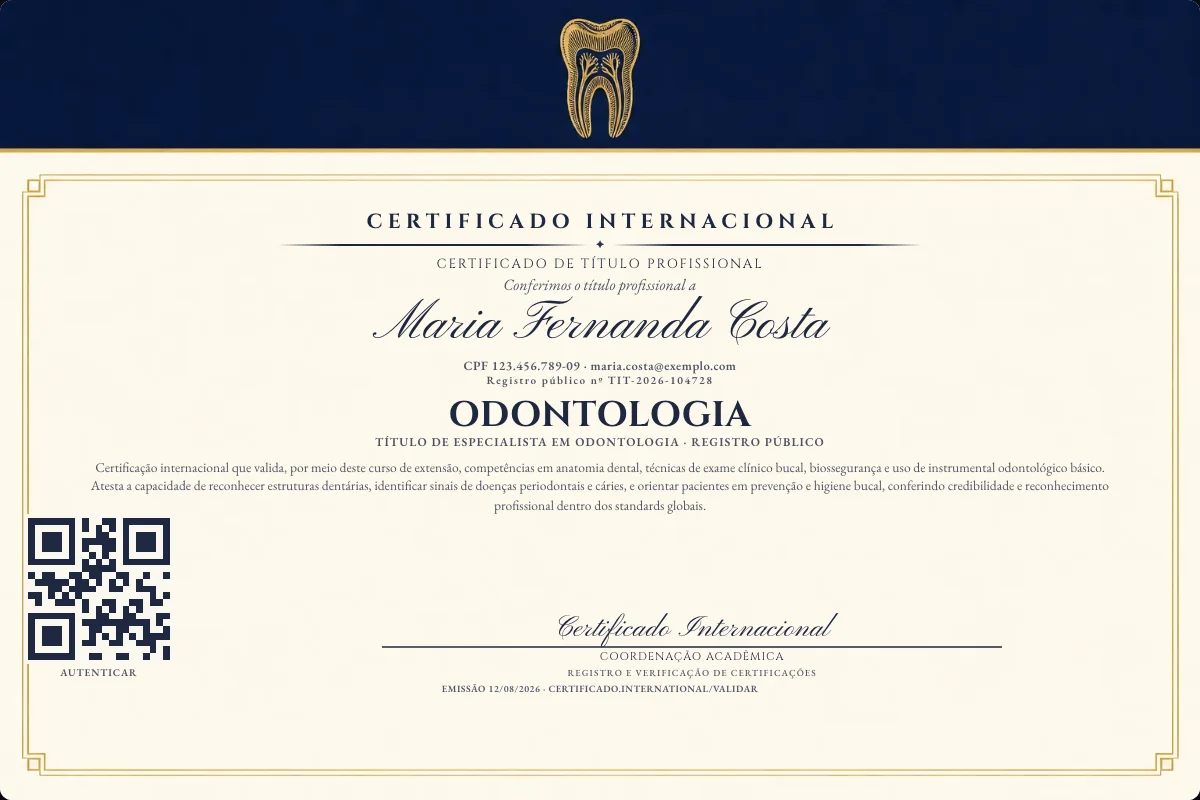 Certificado de Título profissional de Odontologia — modelo real com registro público. Documento de exemplo.