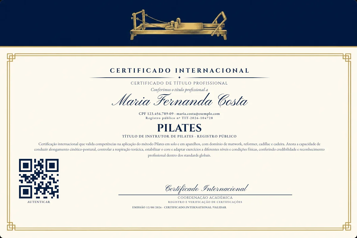 Certificado de Título profissional de Pilates — modelo real com registro público. Documento de exemplo.