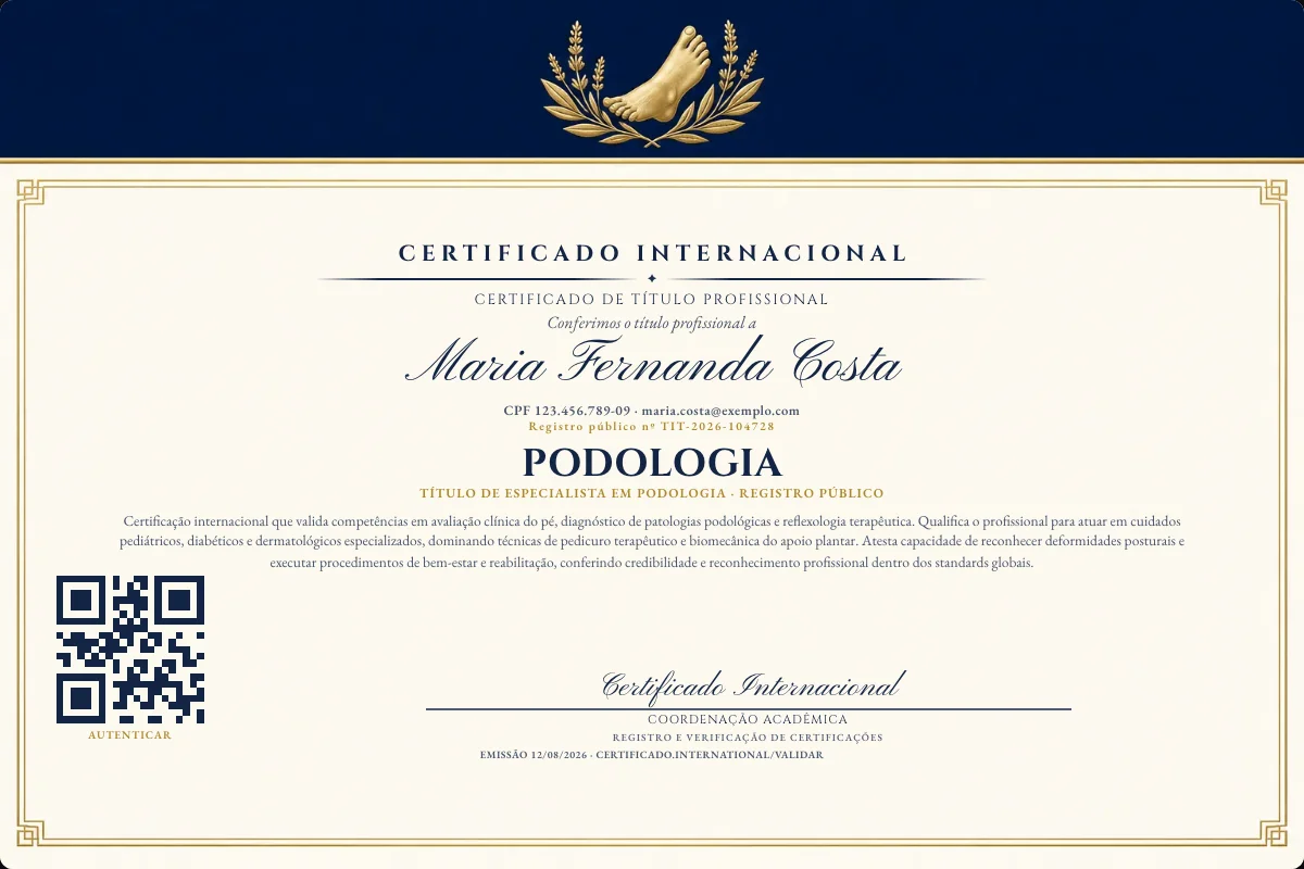 Certificado de Título profissional de Podologia — modelo real com registro público. Documento de exemplo.