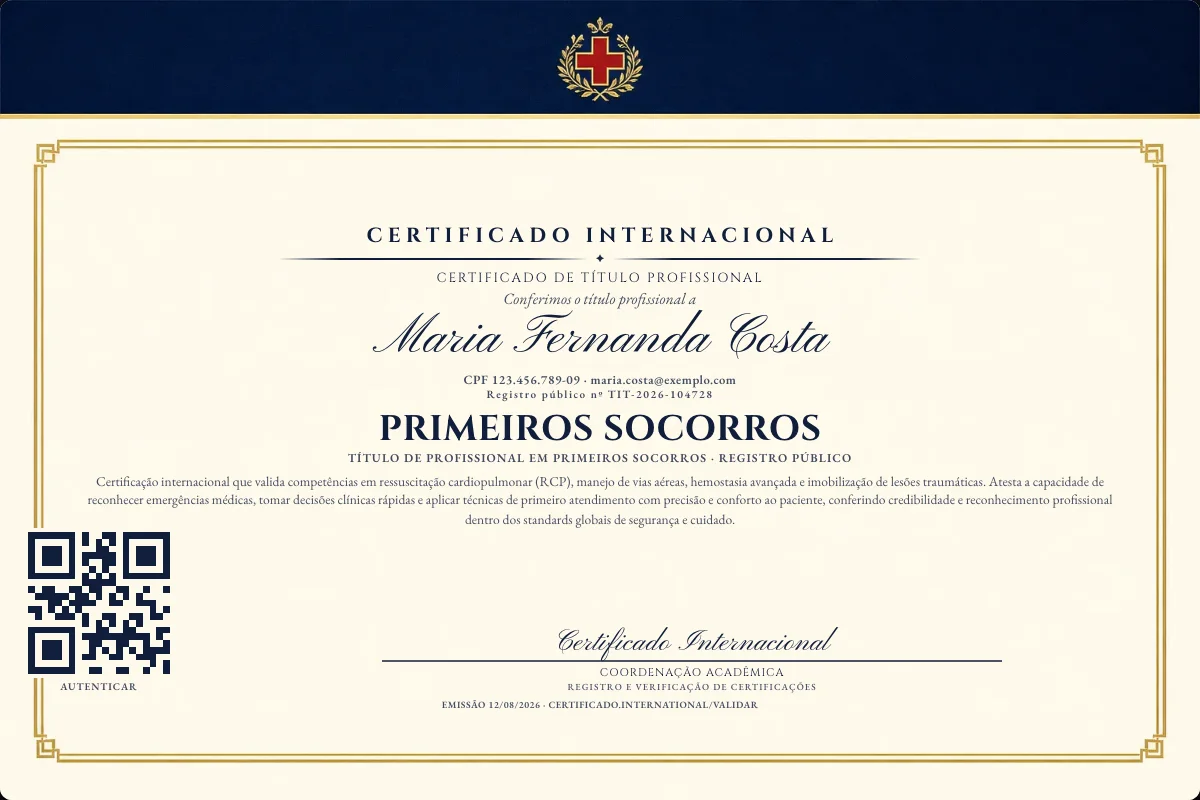 Certificado de Título profissional de Primeiros Socorros — modelo real com registro público. Documento de exemplo.