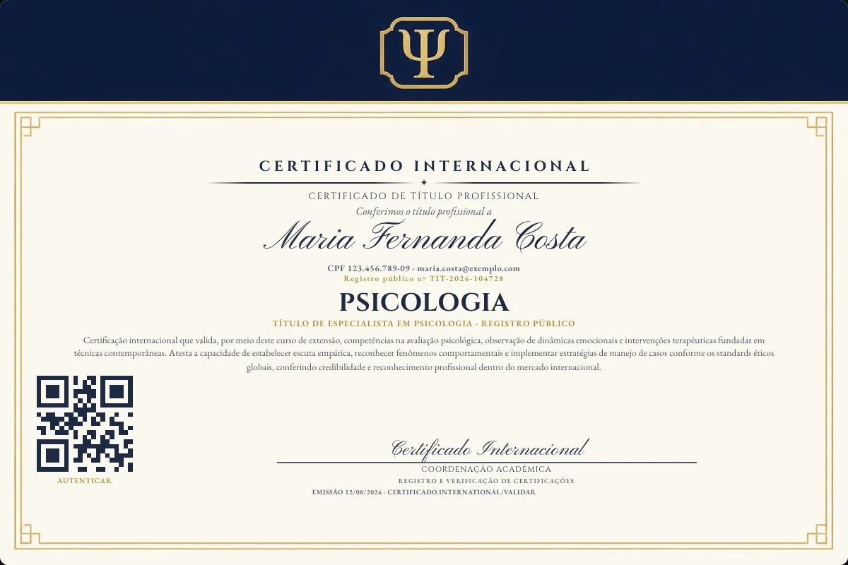 Certificado de Título profissional de Psicologia — modelo real com registro público. Documento de exemplo.