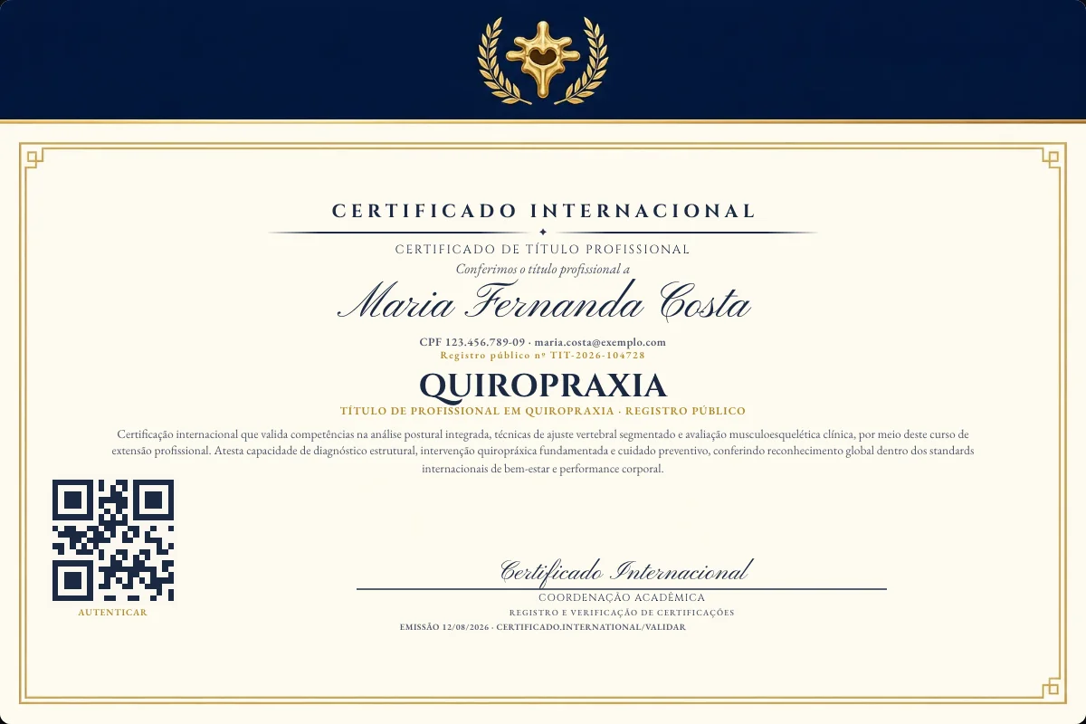 Certificado de Título profissional de Quiropraxia — modelo real com registro público. Documento de exemplo.