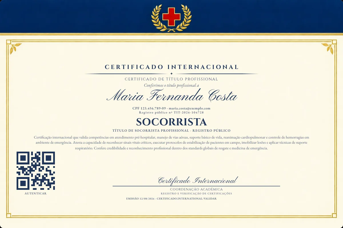 Certificado de Título profissional de Socorrista — modelo real com registro público. Documento de exemplo.