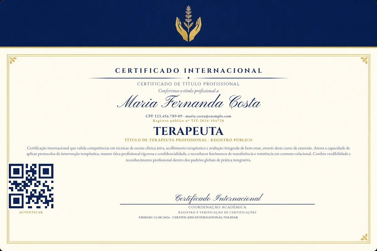 Certificado de Título profissional de Terapeuta — modelo real com registro público. Documento de exemplo.
