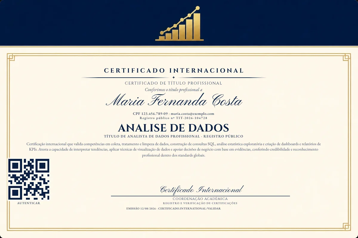 Certificado de Título profissional de Analise de Dados — modelo real com registro público. Documento de exemplo.