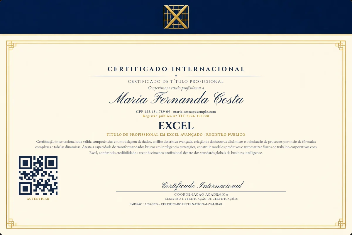 Certificado de Título profissional de Excel — modelo real com registro público. Documento de exemplo.
