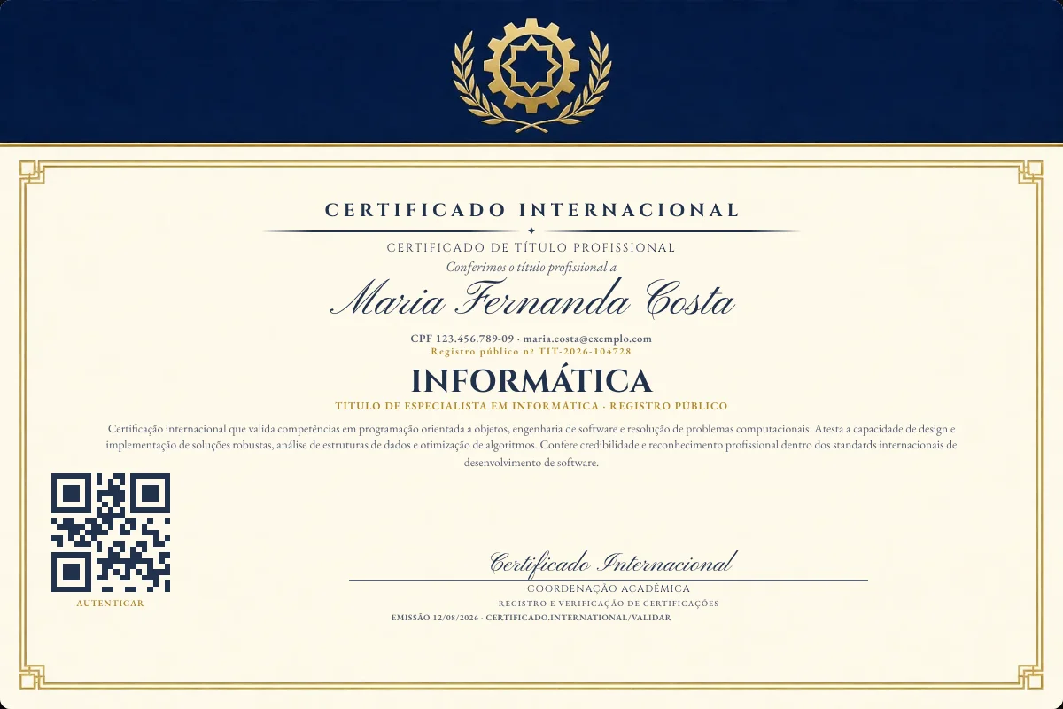 Certificado de Título profissional de Informática — modelo real com registro público. Documento de exemplo.