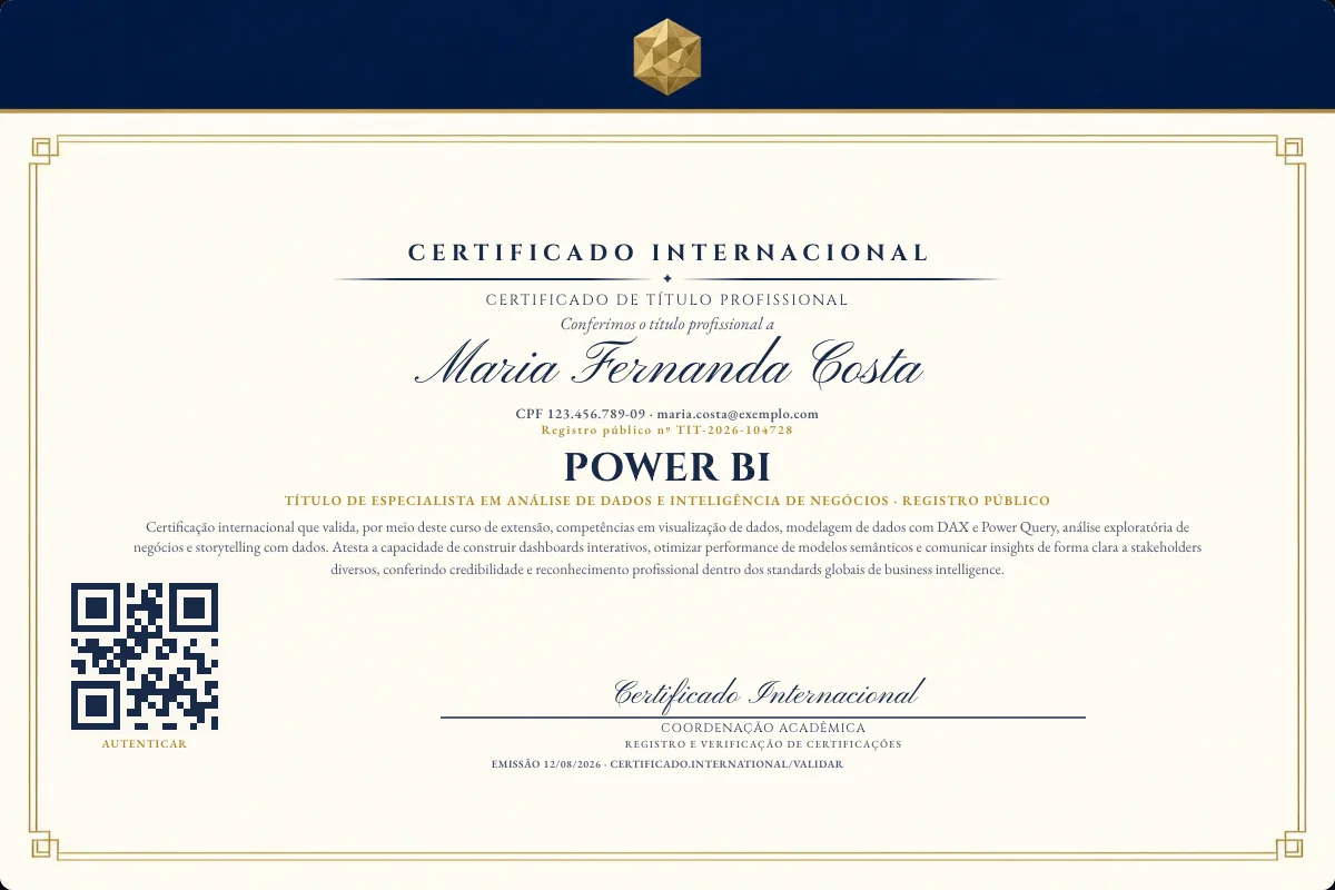 Certificado de Título profissional de Power BI — modelo real com registro público. Documento de exemplo.
