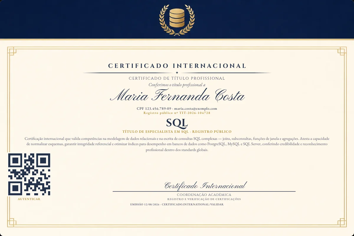 Certificado de Título profissional de SQL — modelo real com registro público. Documento de exemplo.