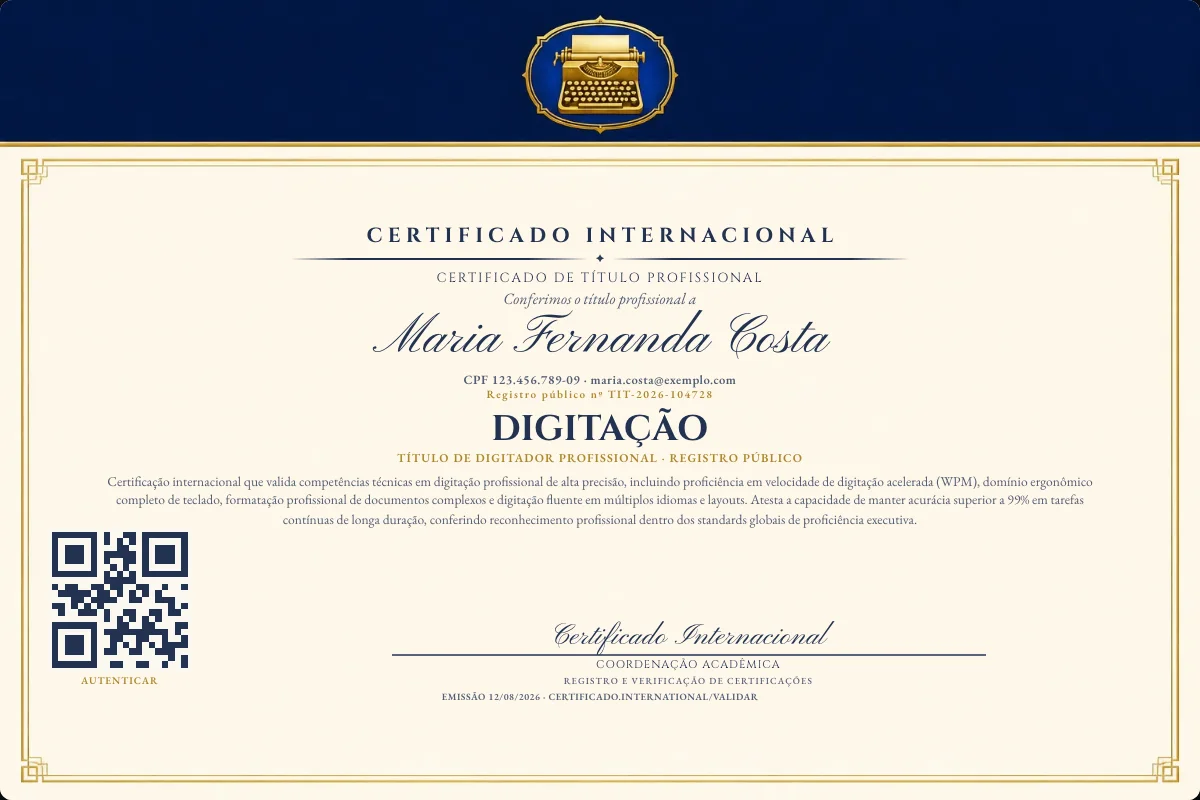 Certificado de Título profissional de Digitação — modelo real com registro público. Documento de exemplo.