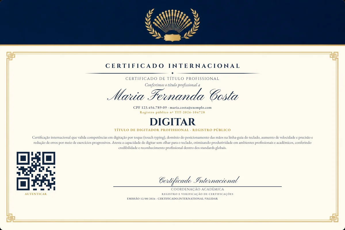 Certificado de Título profissional de Digitar — modelo real com registro público. Documento de exemplo.