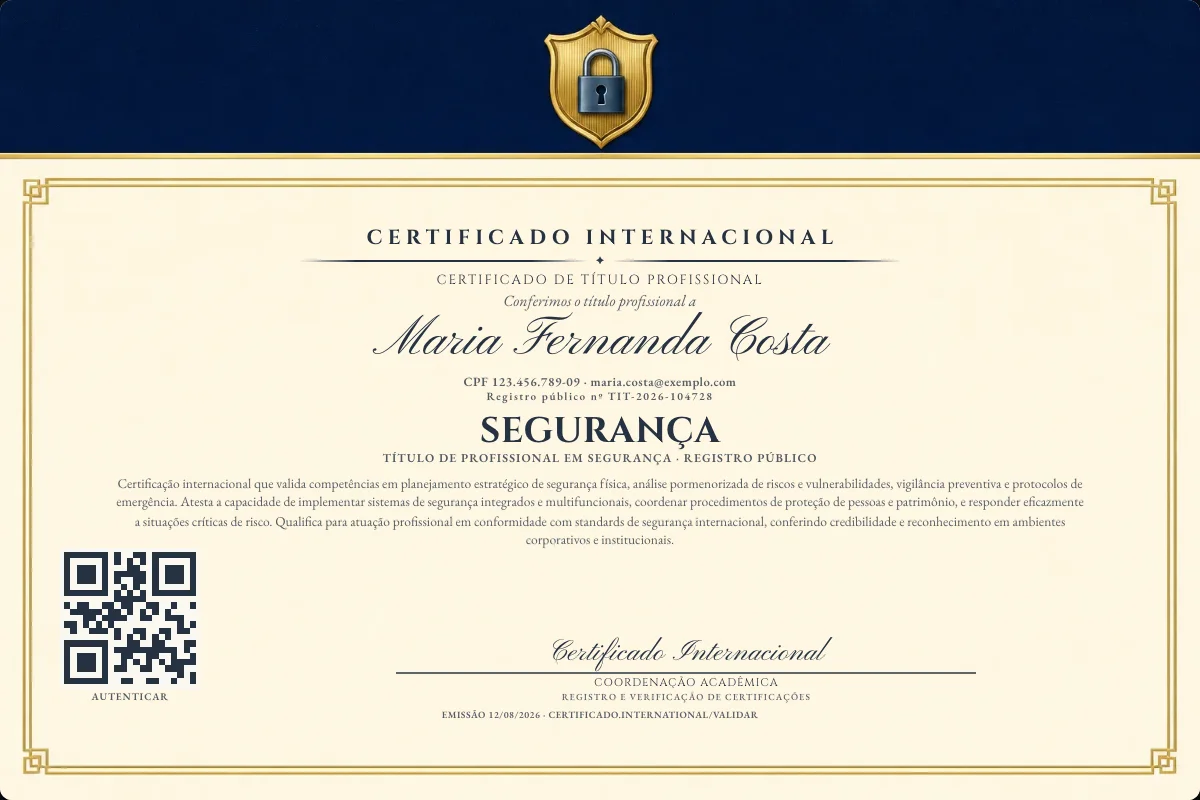 Certificado de Título profissional de Segurança — modelo real com registro público. Documento de exemplo.