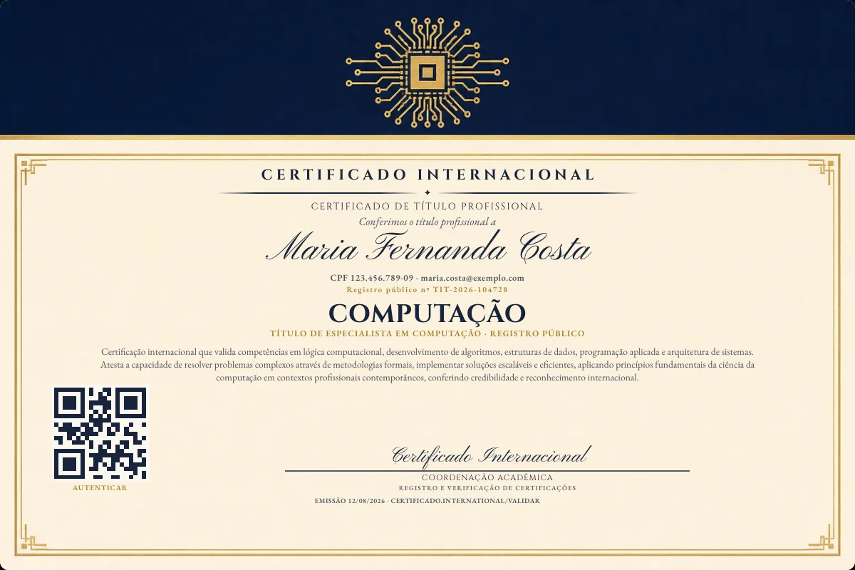 Certificado de Título profissional de Computação — modelo real com registro público. Documento de exemplo.