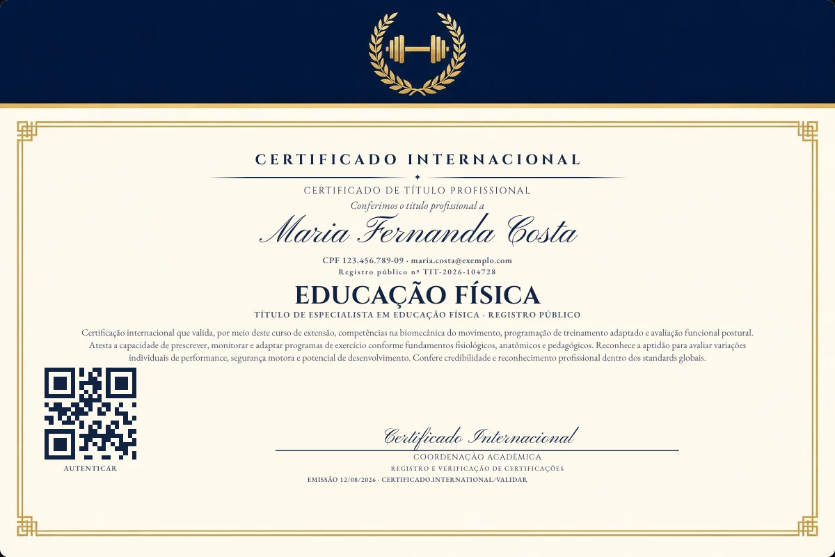 Certificado de Título profissional de Educação Física — modelo real com registro público. Documento de exemplo.