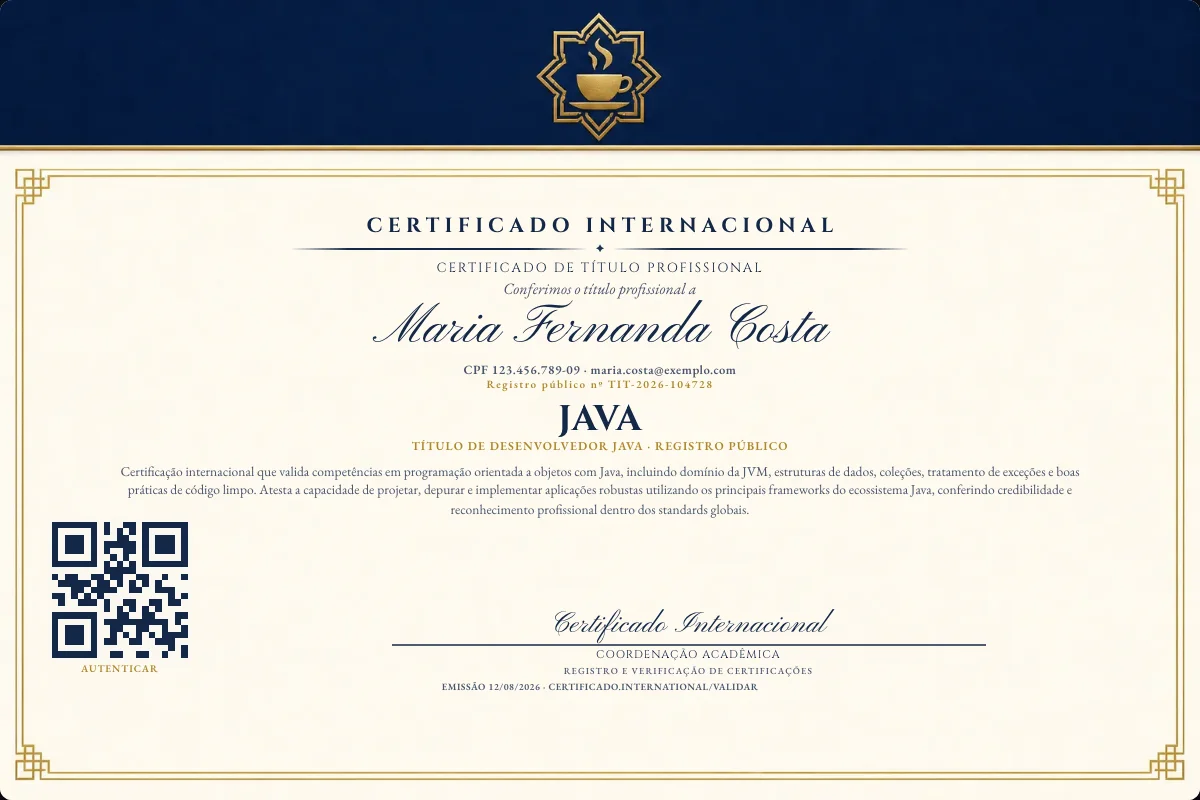 Certificado de Título profissional de Java — modelo real com registro público. Documento de exemplo.