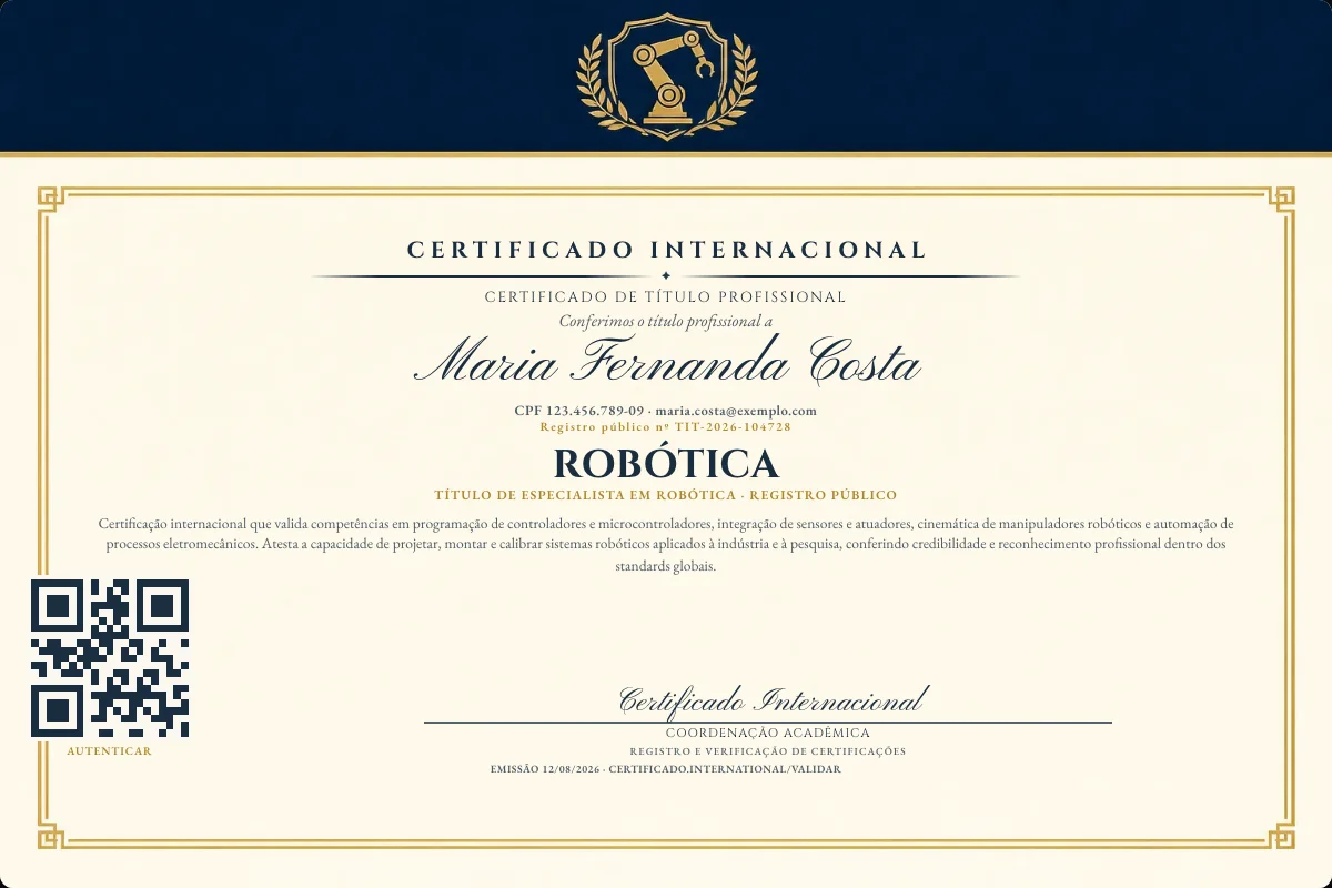 Certificado de Título profissional de Robótica — modelo real com registro público. Documento de exemplo.