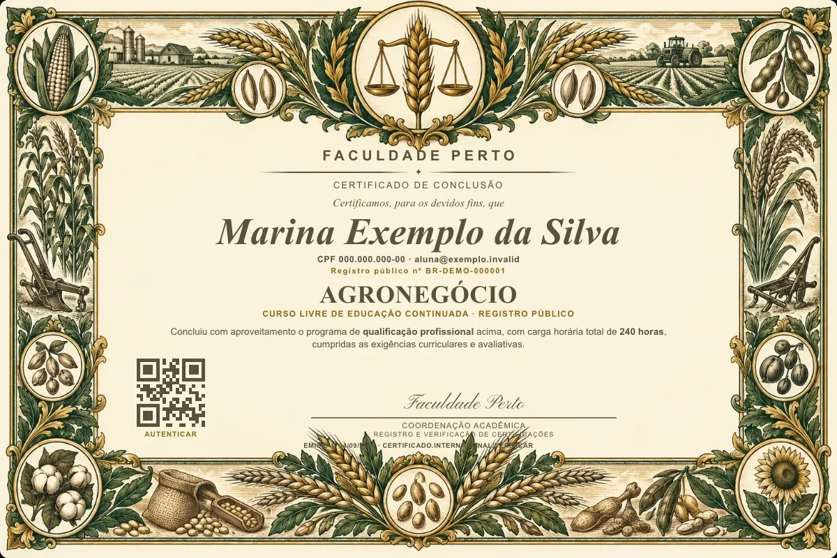 Modelo do certificado do curso de Agronegócio grátis: registro público, QR de verificação e assinaturas — exemplo com dados fictícios.