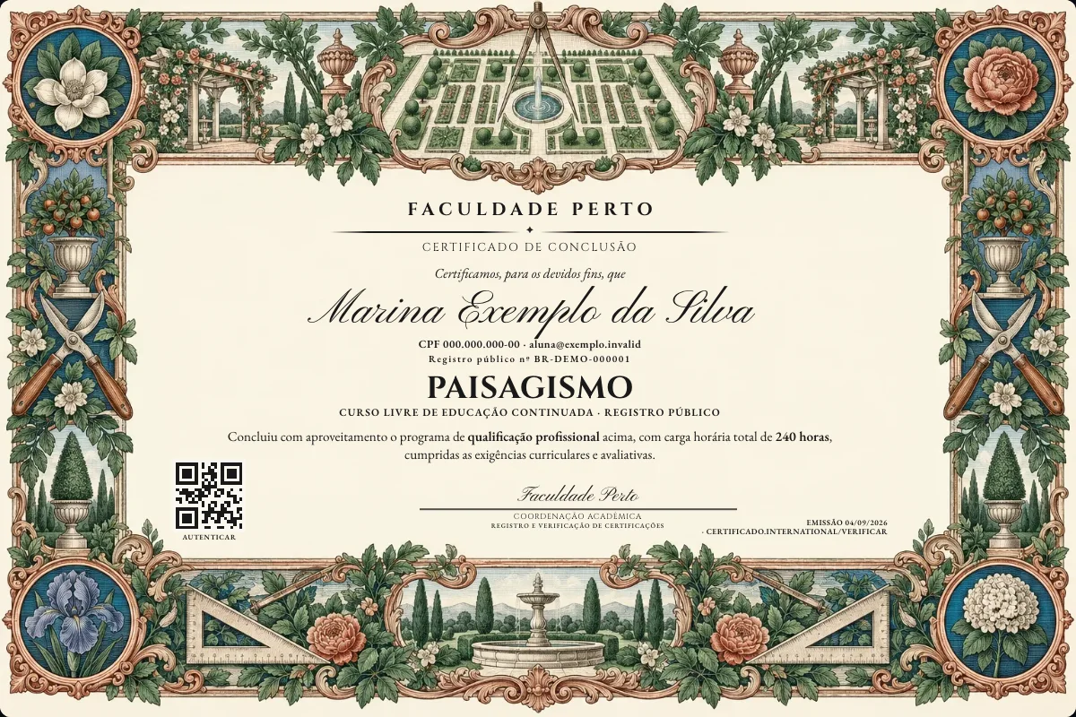 Modelo do certificado do curso de Paisagismo grátis: registro público, QR de verificação e assinaturas — exemplo com dados fictícios.