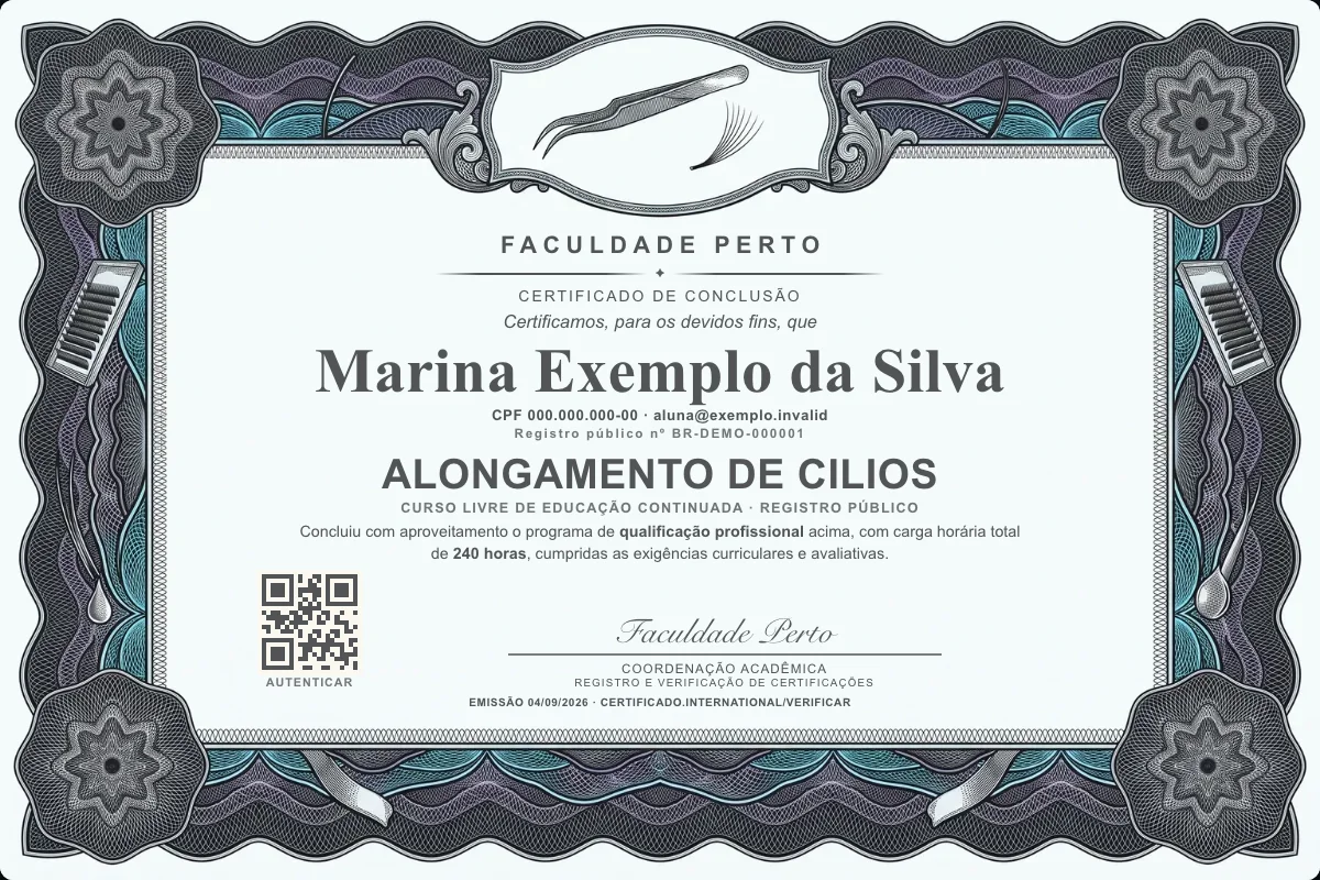 Certificado do curso de Alongamento de Cilios