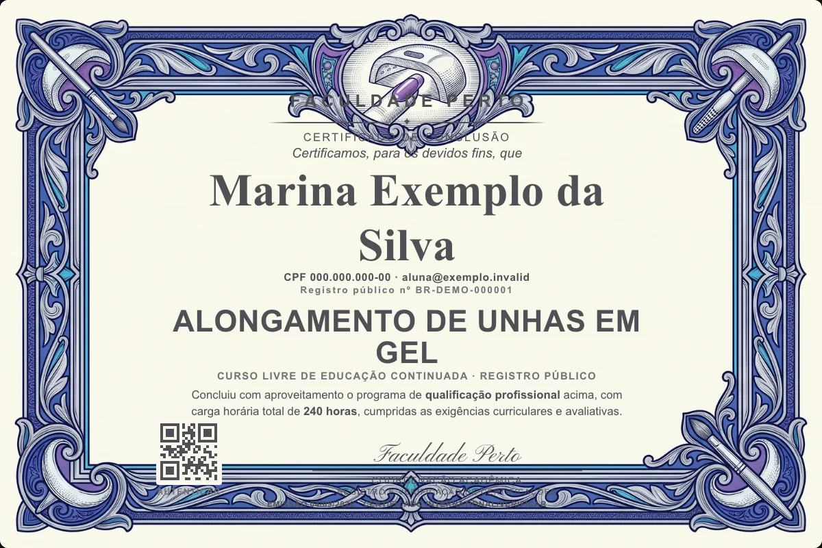 Certificado do curso de Alongamento de Unhas em Gel